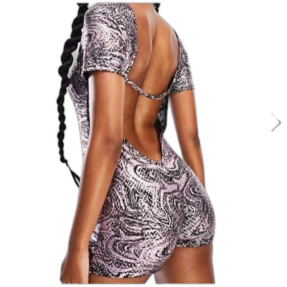 AsYou Sequin-Pink Plunge Zip Front Backless Romper W/ Zebra Pattern US 10 UK 12 - Picture 2 of 10